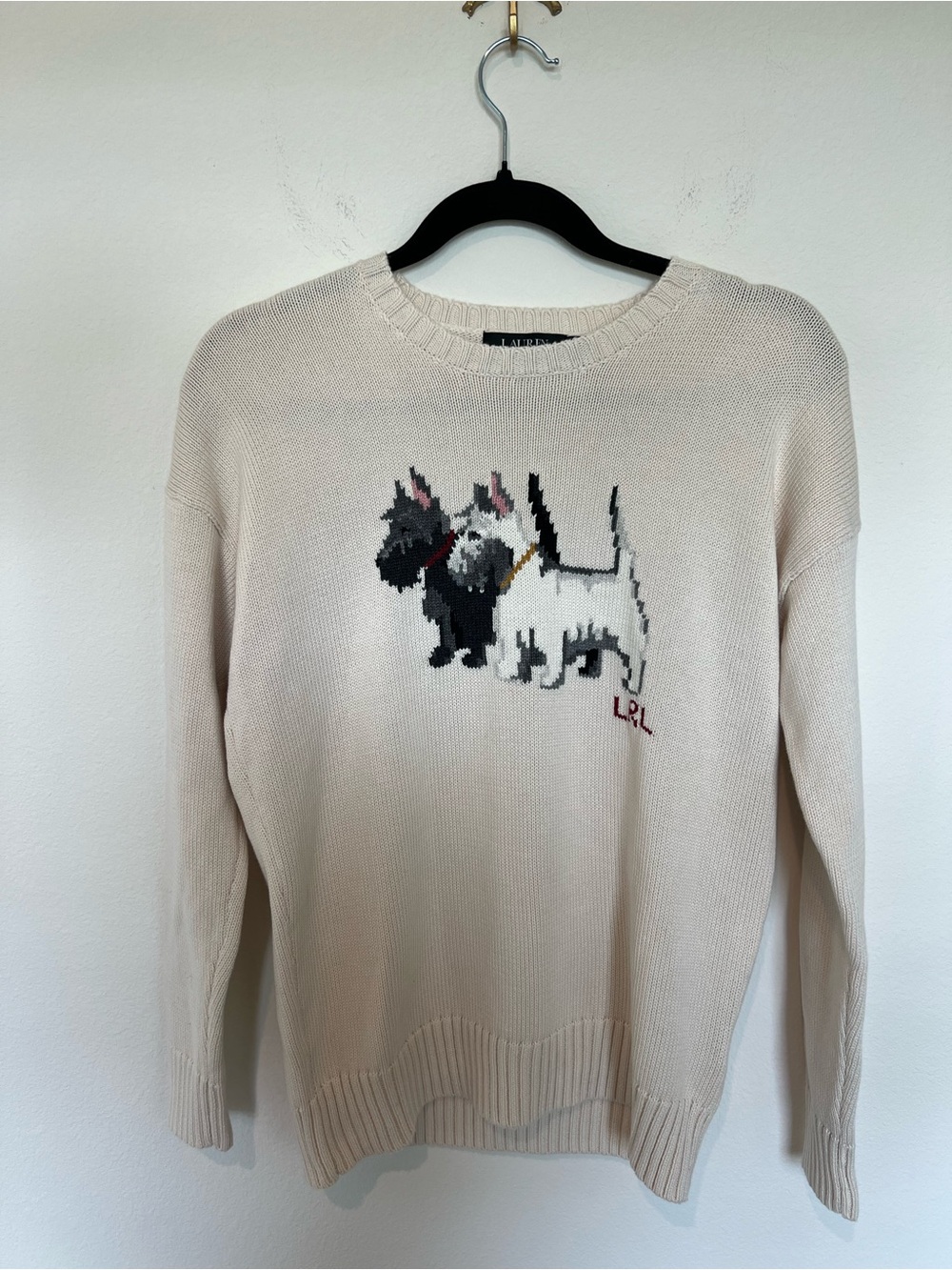 Ralph Lauren Cream Crewneck Sweater with Scottie Dog Motif